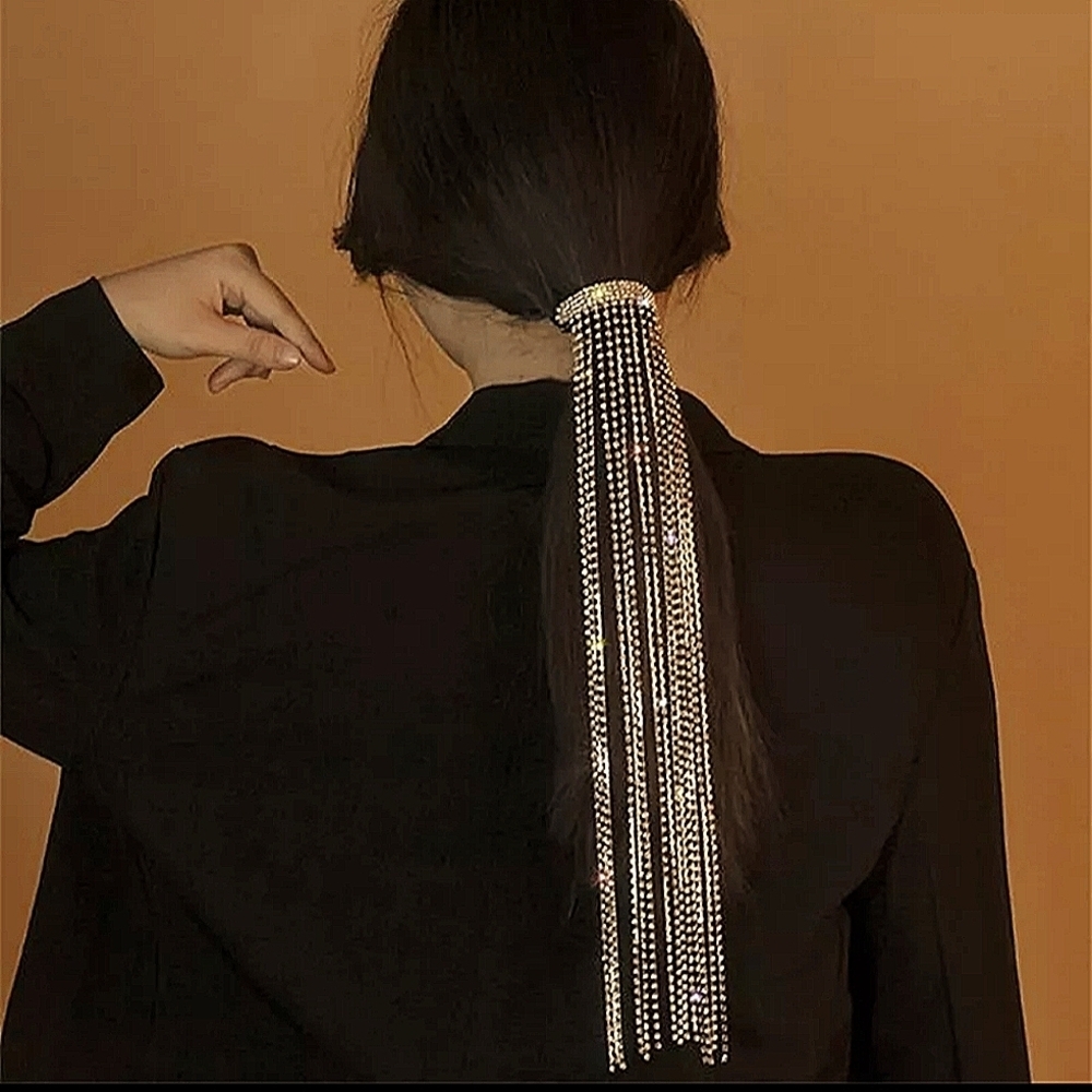 Gold Rhinestone Hair Tassel Accessory - Picture 5 of 5